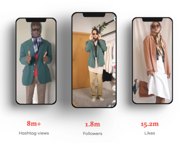 Gucci's #GucciModelChallenge response via TikTok visualised on mobile phones with statistics.