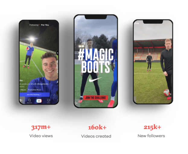 Nike's #MagicBoots marketing campaign videos posted on TikTok displayed on mobile phones with statistics.