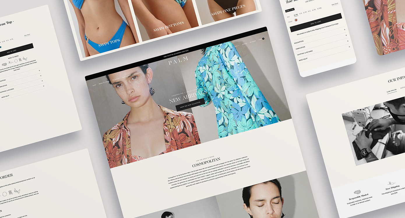 Flat lay image of Palm Swimwear's UX website design.