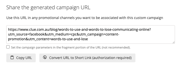 Custom URL example with UTM string