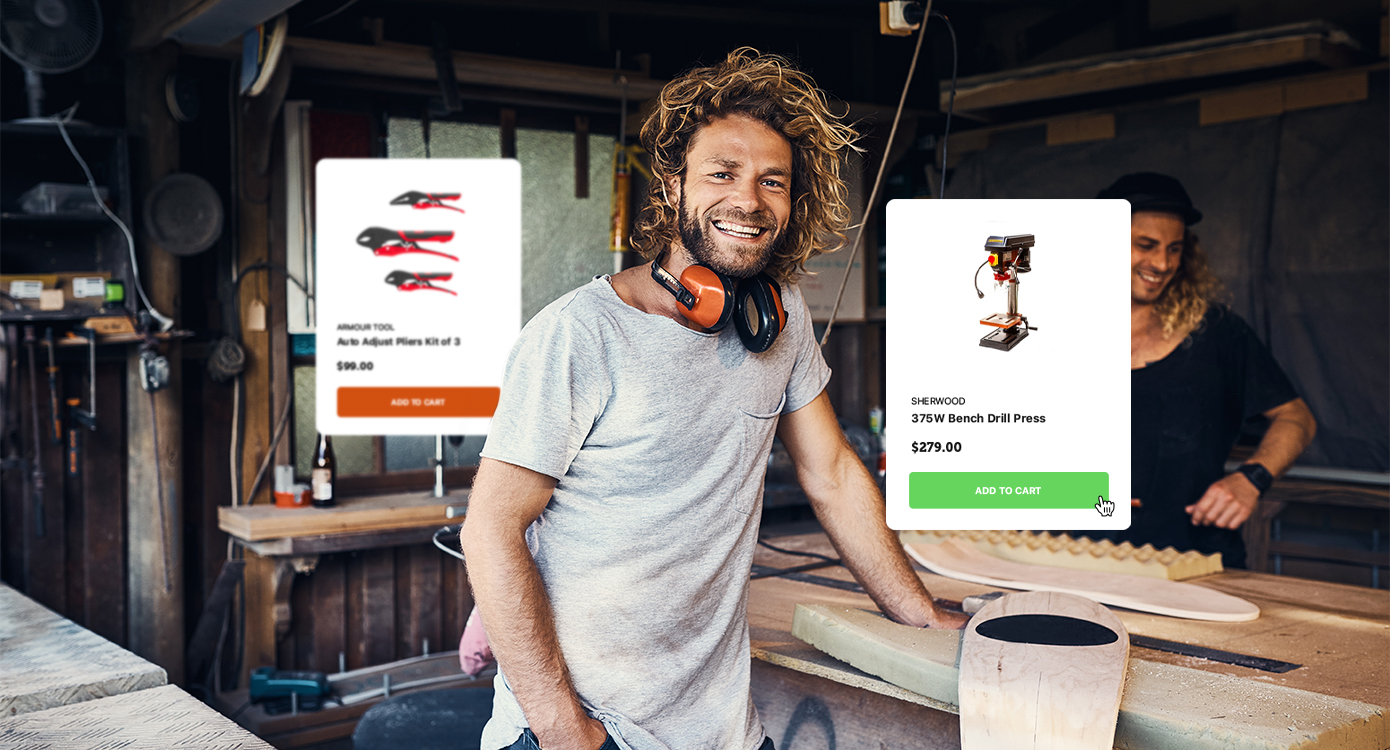 Young male in a working on woodworking project with tools purchased online