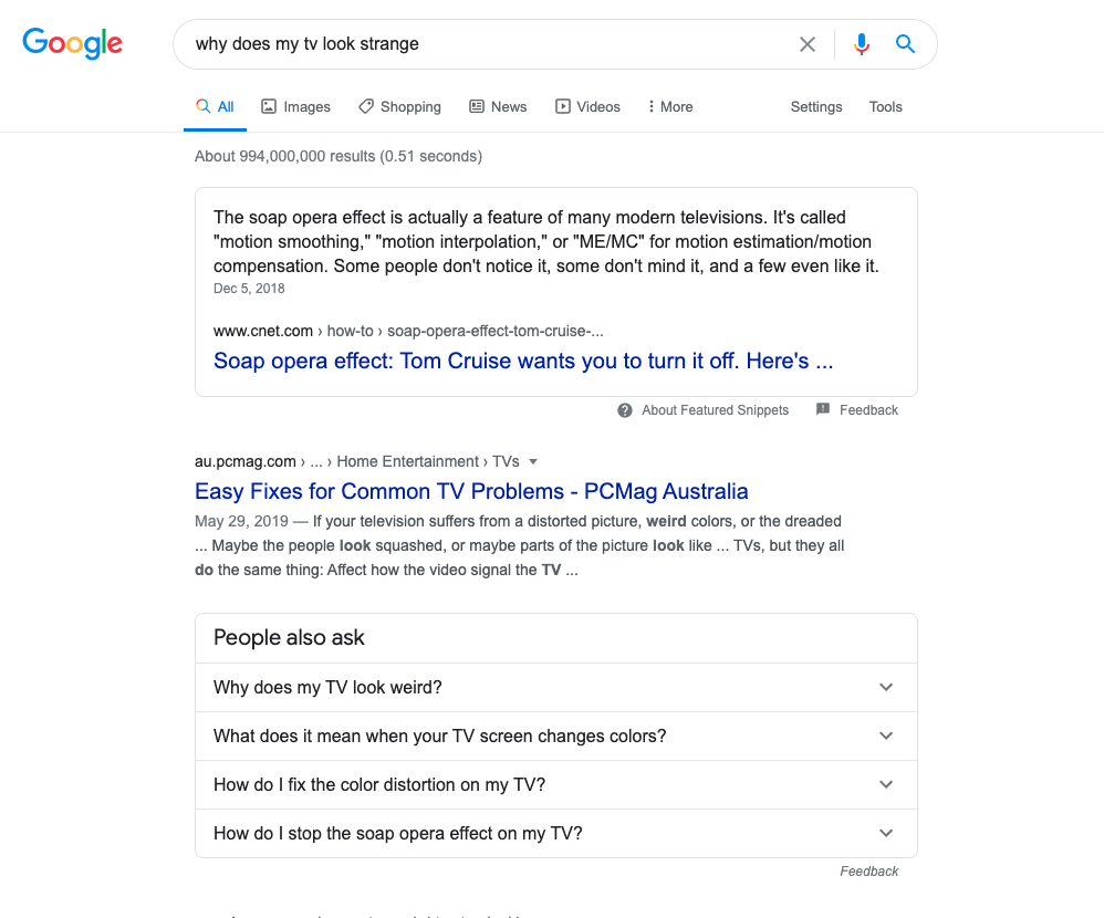 Google SERP of search query using Google's neural matching technique